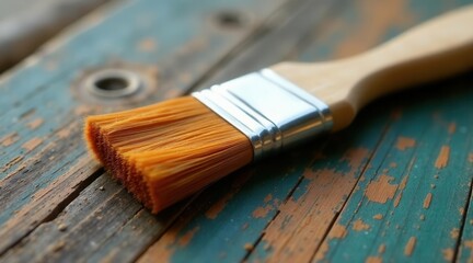 Fototapeta premium A close-up view of a paintbrush resting on a weathered, multi-colored wooden surface