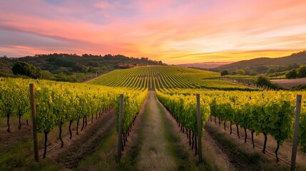 Fototapeta premium Vineyard bathed in warm sunset light with vibrant colors and rows of grapes in a picturesque landscape