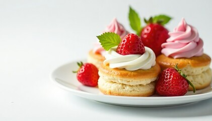 Elegant pastry arrangement, pristine white backdrop, high-key, bakery, gourmet