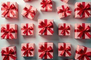Elegant red ribbon tied gift boxes, repeating pattern, beautiful, present