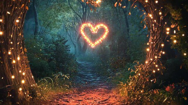 Mystical Forest Path Illuminated by Heart Shaped Lights for Romantic Journey
