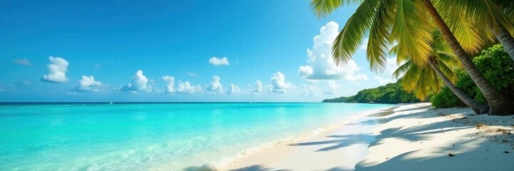 Turquoise water laps white sand, palm trees sway gently , sun, peace