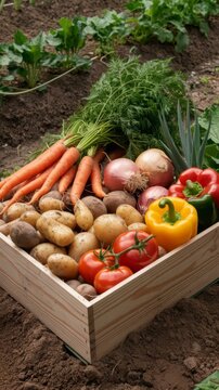 Wooden box filled fresh vegetables