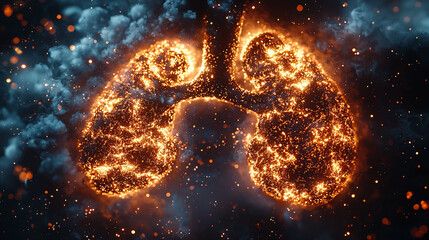 Glowing abstract lungs surrounded by smoke and fiery particles on a dark background