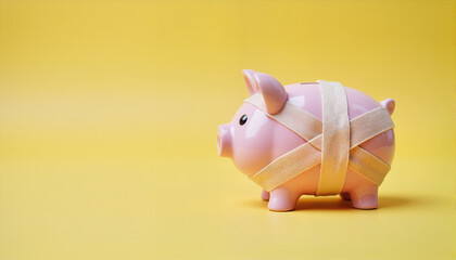Piggy bank wrapped in bandages on a yellow background for financial awareness blogs, websites, educational materials, personal finance presentations, and budgeting resources