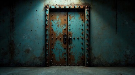 A Weathered Teal Metal Door with Rusty Accents, Set Against a Grungy Wall, Illuminated by a Single Light Source