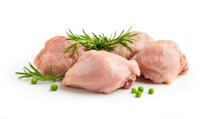Fresh chicken thighs arranged with green herbs and peas on a white background, perfect for culinary presentations.