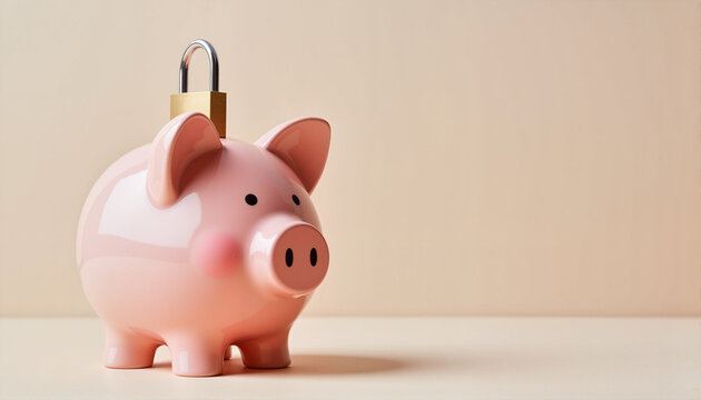 Pink piggy bank with padlock on a neutral background for finance blogs, educational content, money management websites, articles on savings, and personal finance presentations