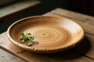Fototapeta premium A rustic wooden serving platter with a natural wood grain pattern and small sprig of greenery rests on a wooden table