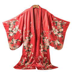 Elegant Red Floral Kimono Robe Silk Satin Long Sleeve Japanese Style Traditional Clothing