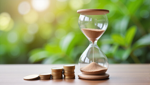 Hourglass with sand and stacks of coins against greenery for financial blogs, websites, investment guides, educational materials, budgeting tips, and time management resources