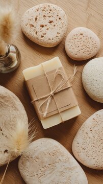 Soap bar with blank label near beige stones and dried pampas grass top view mockup