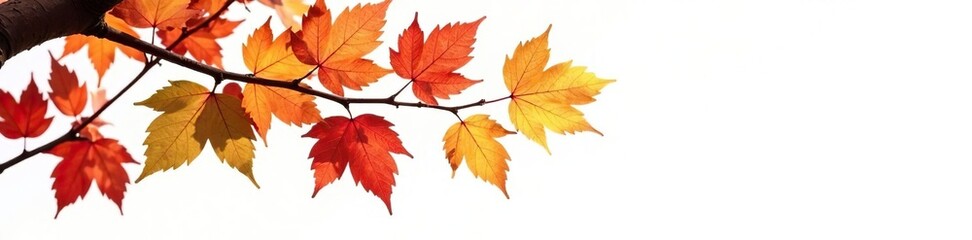 Fototapeta premium Isolated branch of a deciduous tree with fall leaves against white background, deciduous, changing