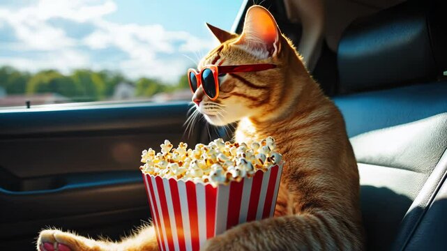 Cat wearing sunglasses enjoys popcorn while sitting inside a car on a sunny day