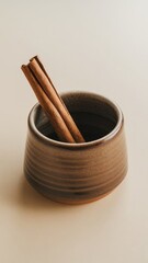 Cinnamon stick in a brown ceramic bowl isolated on white background