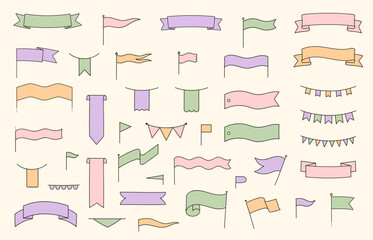 Fototapeta premium Cute title flag. Cartoon ribbon banner colorful empty speech bubble, funny flags with text space for message, party decoration elements. Vector isolated set
