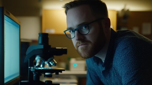 Researcher in Lab: Intense focus. Microscope and computer screen visible, suggesting scientific analysis or data processing in the research setting.