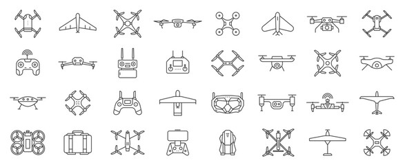 Drone line icons. Aviation unmanned controlled aircraft with camera, copter drones with wireless control, battery and propellers. Vector set of flying robot drone vehicles
