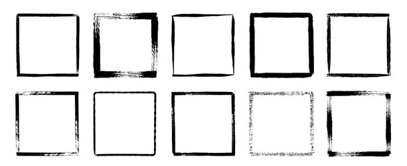 Brush square frame. Black grunge borders with rough edges, dry brushed shapes, dirty ink chalk geometric collection. Vector brush framing set