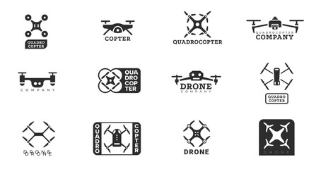 Drone logo. Business unmanned quadcopter aircraft with propellers, modern aerial vehicle technology for photography delivery surveillance, flat design. Vector drones set