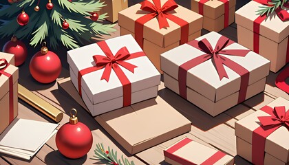 Cute Kawaii Christmas Presents: Red Ribbons and Bows on Wooden Table