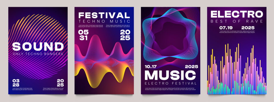 Sound music poster. Abstract flyer design with dynamic soundwave and gradient geometry elements. Vector musical concert brochure with colorful sound texture