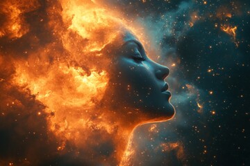 Fiery Celestial Woman Profile in Space