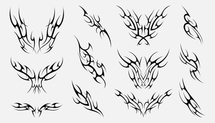 Neo tribal. Y2k tattoo punk gothic abstract symbols, brutalist tribalistic dark decorative elements, metal streetwear logo design, grunge y2k aesthetic. Vector isolated set