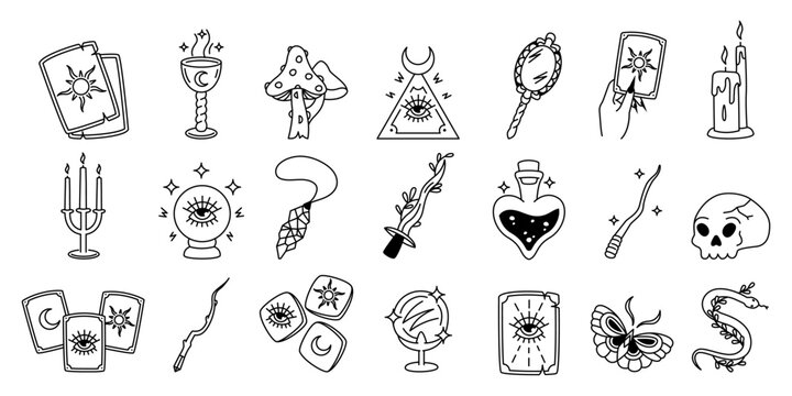 Magic tarot line icons. Mystic cute wizard occult symbols for tarot cards design, astrology alchemy divination knowledge, crystal ball, magician hand, eye. Vector set
