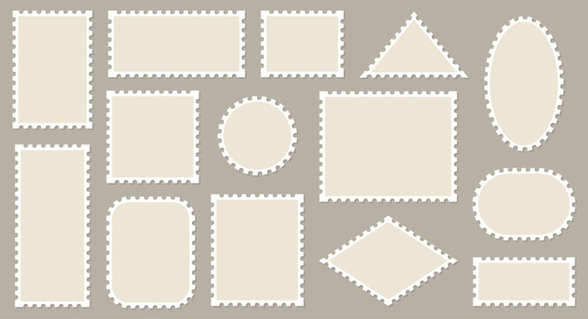 Blank post stamp. Postage frame form, vintage empty postcard stamp frame with perforated border, mail delivery sticker template, philately element. Vector stamps isolated set