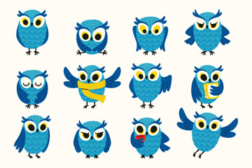 Cute owl character. Cartoon simple funny night bird with various emotions, comic childish owl mascot flat style. Vector birds isolated set