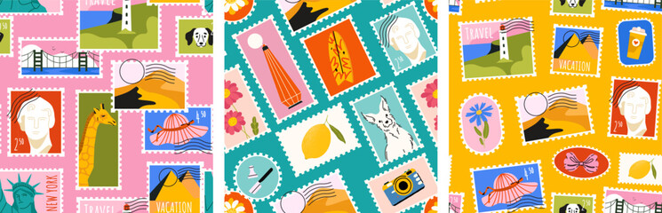 Summer stamp pattern. Seamless travel post mail stickers, print of retro postmark with cartoon vacation symbols, tourist postage label design. Vector stamps texture © Tartila