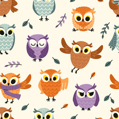 Cute owl pattern. Seamless print of cartoon forest baby owl birds, childish background with funny animals for wrapping paper fabric textile. Vector bird texture