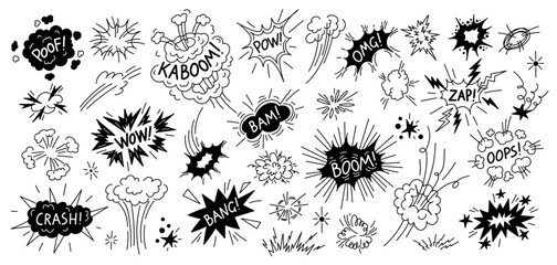 Comic doodle boom. Cartoon line explosion pop bang effect with speech bubble and puff cloud. Vector sketchy fight explosion graphic collection