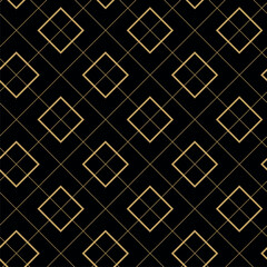 Abstract geometric pattern with squares, crosses, stripes, lines. Seamless vector background. Black and gold ornament. Modern reticulated graphic design.