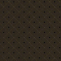Abstract geometric pattern with squares, crosses, stripes, lines. Seamless vector background. Black and gold ornament. Modern reticulated graphic design.
