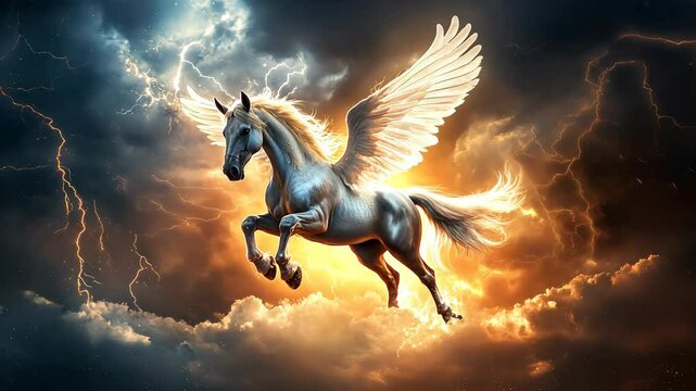 The mythic horse pegasus with white wings flying in the sky among lightnings