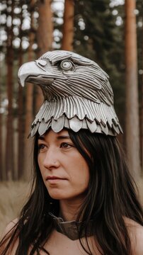 Side view woman wearing eagle head