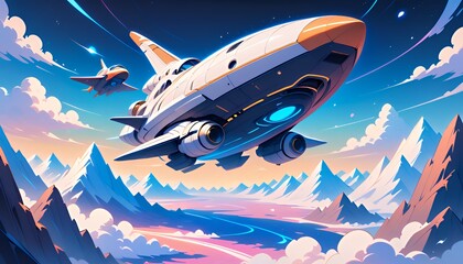 Futuristic Spaceship Soaring Over Sunset Mountains: Pixel Art Animation