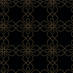 Abstract geometric pattern with squares, crosses, stripes, lines. Seamless vector background. Black and gold ornament. Modern reticulated graphic design.