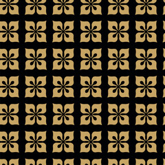Abstract geometric pattern with squares, crosses, stripes, lines. Seamless vector background. Black and gold ornament. Modern reticulated graphic design.