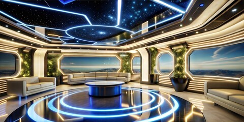 Futuristic lounge featuring sleek furniture and mesmerizing lighting, inspired by science fiction aesthetics.