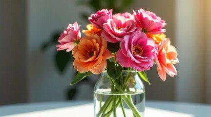 A vibrant bouquet of pink and peach blossoms arranged in a clear glass jar, bathed in soft sunlight on a table