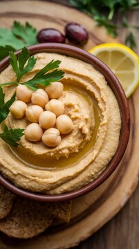 Bowl of hummus with chickpeas, parsley, olives, and lemon on wooden