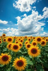 Fototapeta premium Vast sunflower field under a dramatic blue cloudy sky, agriculture, flower, farmland