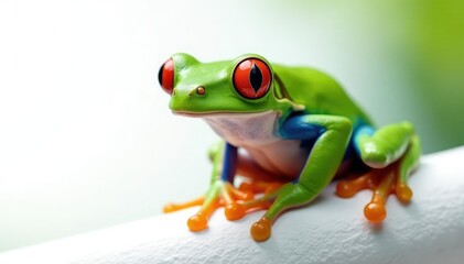 Obraz premium Single red-eyed tree frog on pure white, striking contrast, simple, eyes, detail