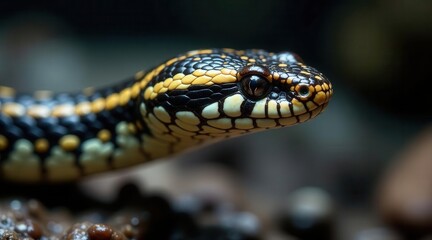 Fototapeta premium Close-up of a reptile with black, yellow, and white patterned scales, its eye visible, head slightly tilted, resting on dark ground