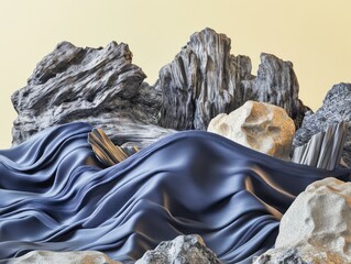 3D printed waves in a cascading pattern, made from smooth fabric in dark blue and gray tones, paired with rugged abstract rock formations in shades of metal, wood, and concrete