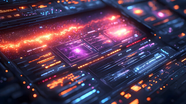 Futuristic digital interface with glowing holographic data panels and cosmic visualizations, representing advanced technology, data analysis and sci-fi UI design