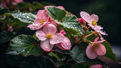 Close-Up of Pink Flowers with Yellow Centers and Water-Dotted Green Leaves - A Refreshing Botanical Portrait on a Dark, Softly Blurred Background
